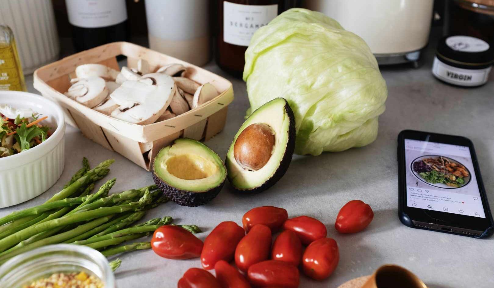 glossy stone kitchen worktop and fruit + veggies